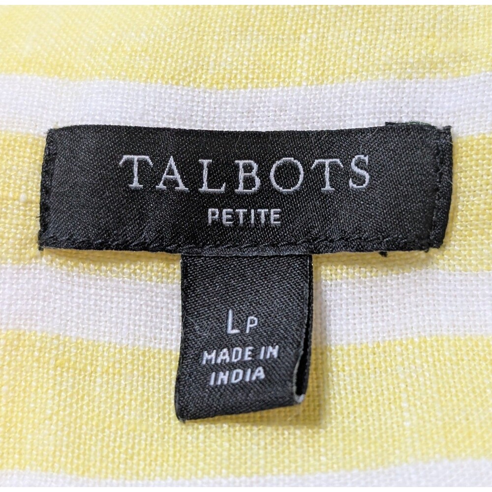 Talbots Size L Petite Blouse 100% Linen Front Tie Waist Yellow Striped Coastal - Picture 6 of 9